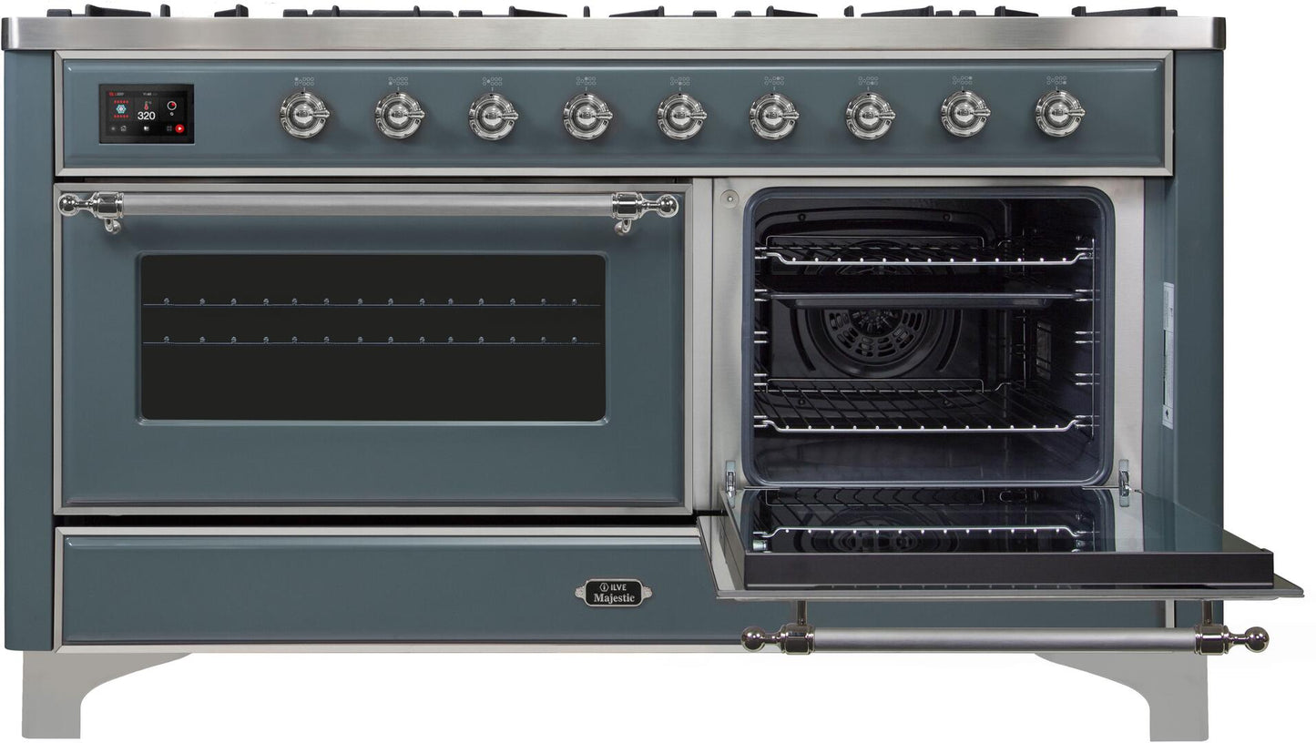 Ilve UM15FDNS3BGC Majestic Ii 60 Inch Dual Fuel Natural Gas Freestanding Range In Blue Grey With Chrome Trim