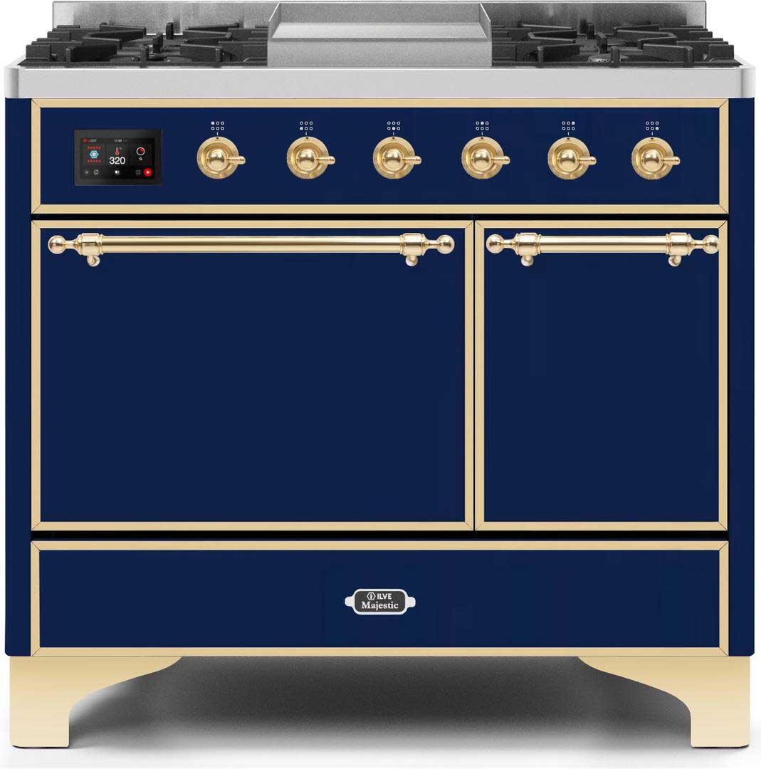 Ilve UMD10FDQNS3MBG Majestic Ii 40 Inch Dual Fuel Natural Gas Freestanding Range In Blue With Brass Trim