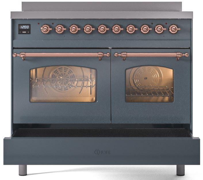 Ilve UPDI406NMPBGP Nostalgie Ii 40 Inch Electric Freestanding Range In Blue Grey With Copper Trim