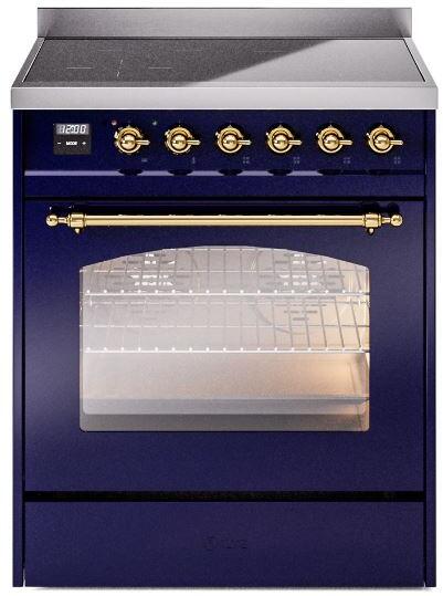 Ilve UPI304NMPMBG Nostalgie Ii 30 Inch Electric Freestanding Range In Blue With Brass Trim