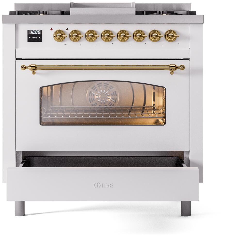 Ilve UP36FNMPWHG Nostalgie Ii 36 Inch Dual Fuel Natural Gas Freestanding Range In White With Brass Trim