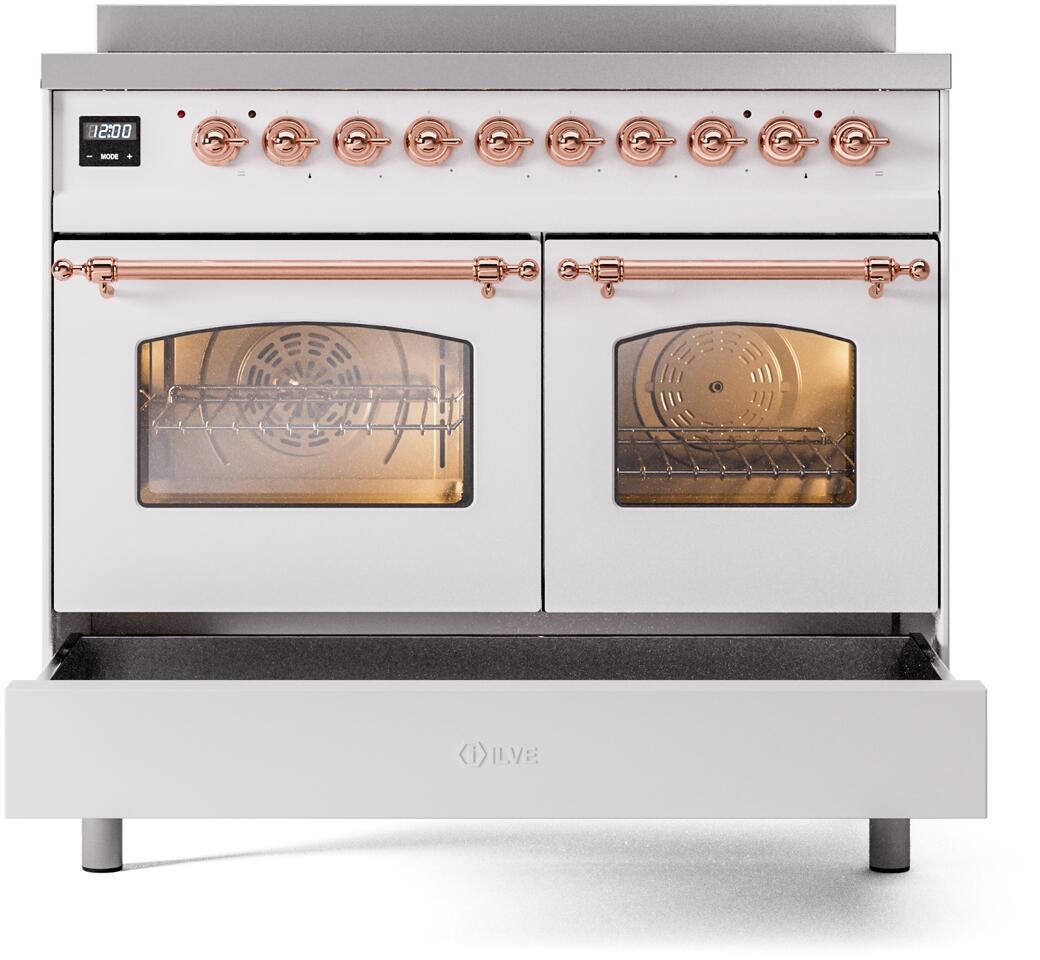 Ilve UPDI406NMPWHP Nostalgie Ii 40 Inch Electric Freestanding Range In White With Copper Trim