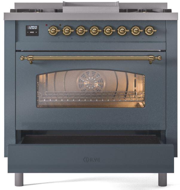 Ilve UP36FNMPBGG Nostalgie Ii 36 Inch Dual Fuel Natural Gas Freestanding Range In Blue Grey With Brass Trim