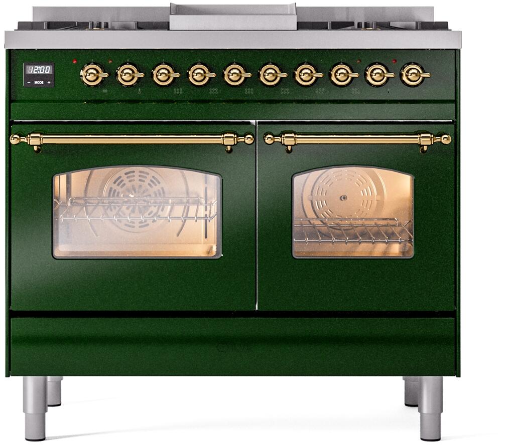 Ilve UPD40FNMPEGG Nostalgie Ii 40 Inch Dual Fuel Natural Gas Freestanding Range In Emerald Green With Brass Trim