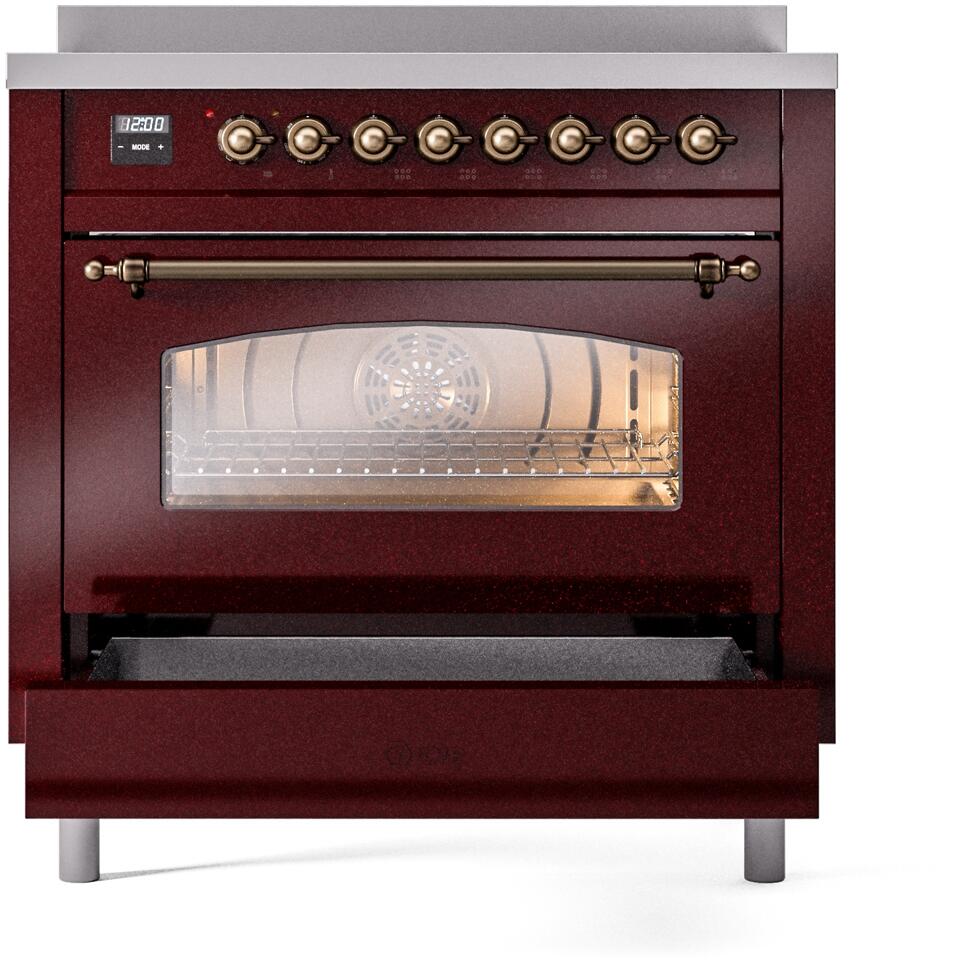 Ilve UPI366NMPBUB Nostalgie Ii 36 Inch Electric Freestanding Range In Burgundy With Bronze Trim