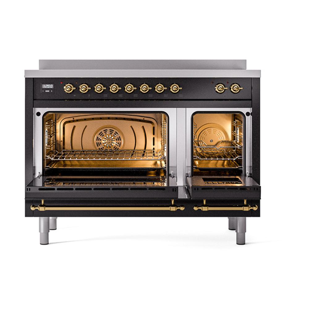 Ilve UNI486QNMPBKG Ilve Uni486Qnmpbkg Nostalgie Ii Noblesse 48" Induction Range (Solid Door, Glossy Black, Brass)