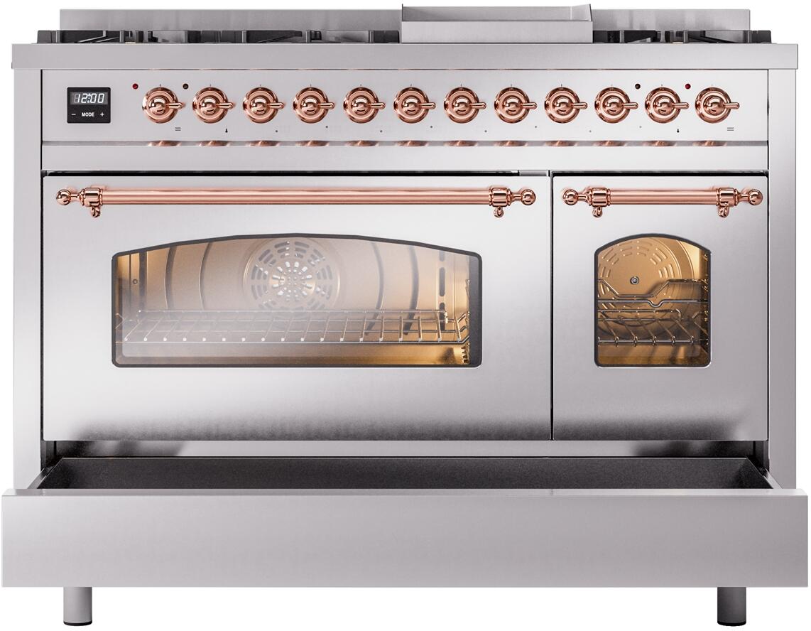 Ilve UP48FNMPSSP Nostalgie Ii 48 Inch Dual Fuel Natural Gas Freestanding Range In Stainless Steel With Copper Trim