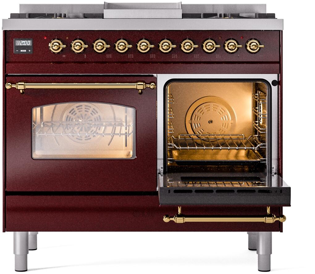 Ilve UPD40FNMPBUG Nostalgie Ii 40 Inch Dual Fuel Natural Gas Freestanding Range In Burgundy With Brass Trim