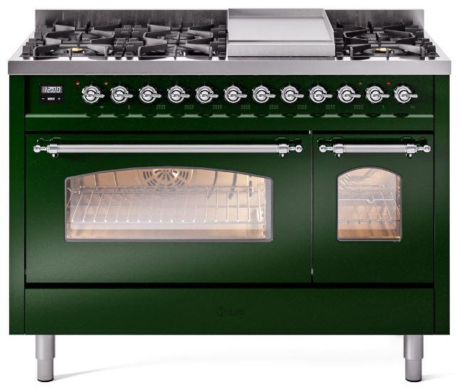 Ilve UP48FNMPEGC Nostalgie Ii 48 Inch Dual Fuel Natural Gas Freestanding Range In Emerald Green With Chrome Trim