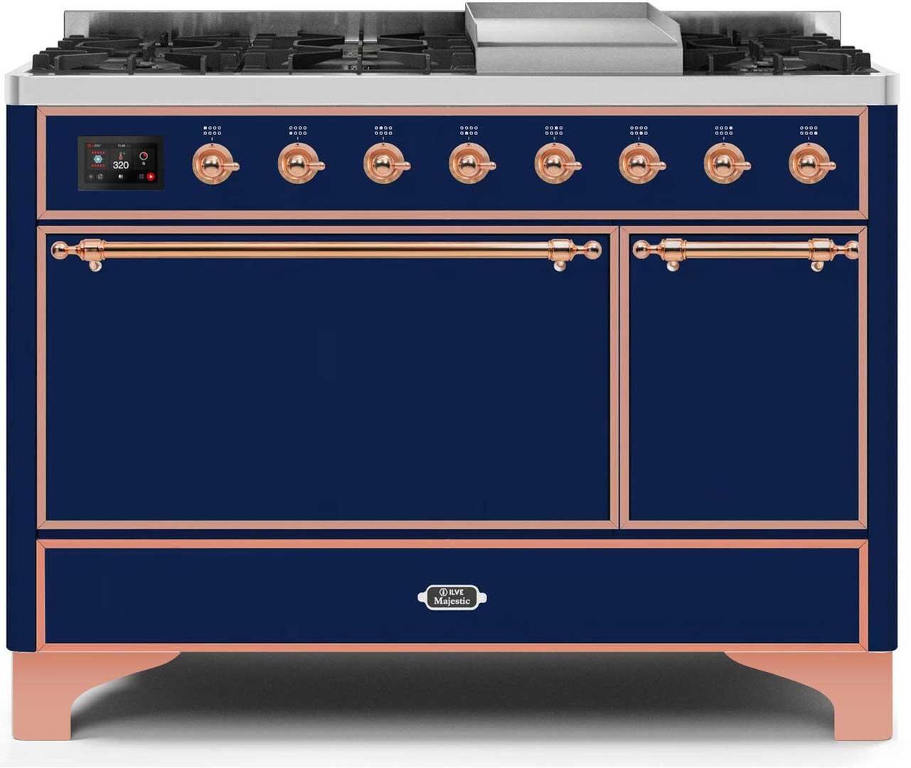 Ilve UM12FDQNS3MBP Majestic Ii 48 Inch Dual Fuel Natural Gas Freestanding Range In Blue With Copper Trim