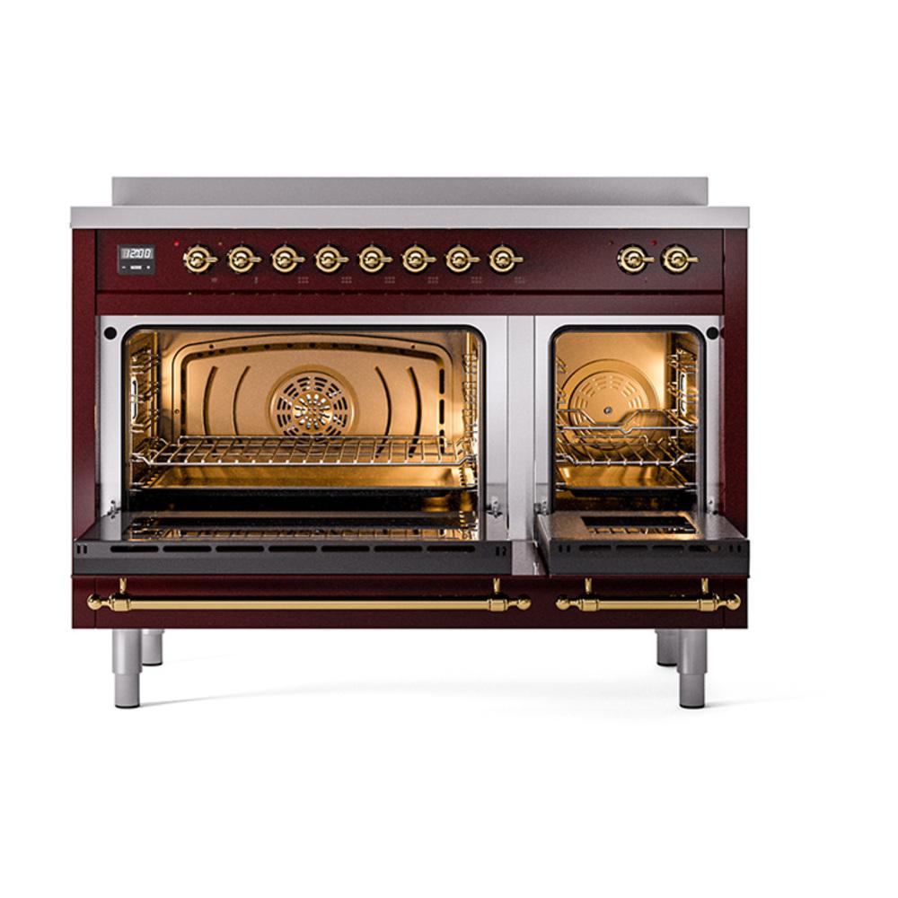 Ilve UNI486QNMPBUG Ilve Uni486Qnmpbug Nostalgie Ii Noblesse 48" Induction Range (Solid Door, Burgundy, Brass)