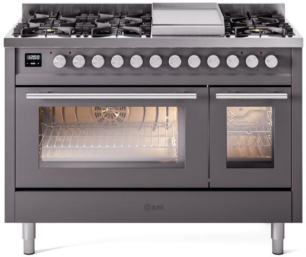 Ilve UP48FWMPMGLP Professional Plus Ii 48 Inch Dual Fuel Liquid Propane Freestanding Range In Matte Graphite With Trim