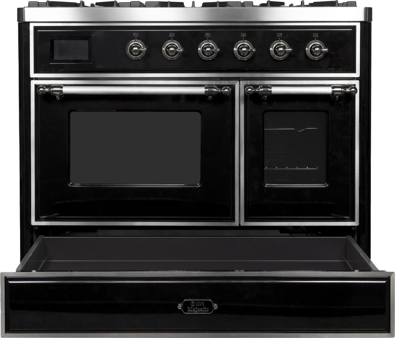 Ilve UMD10FDNS3BKC Majestic Ii 40 Inch Dual Fuel Natural Gas Freestanding Range In Glossy Black With Chrome Trim