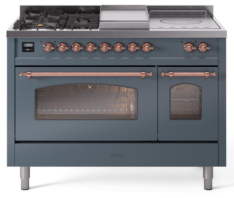 Ilve UP48FSNMPBGPLP Nostalgie Ii 48 Inch Dual Fuel Liquid Propane Freestanding Range In Blue Grey With Copper Trim