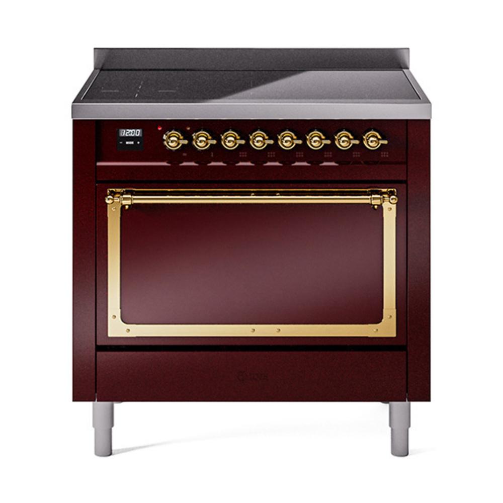 Ilve UNI366QNMPBUG Ilve Uni366Qnmpbug Nostalgie Ii Noblesse 36" Induction Range (Solid Door, Burgundy, Brass)