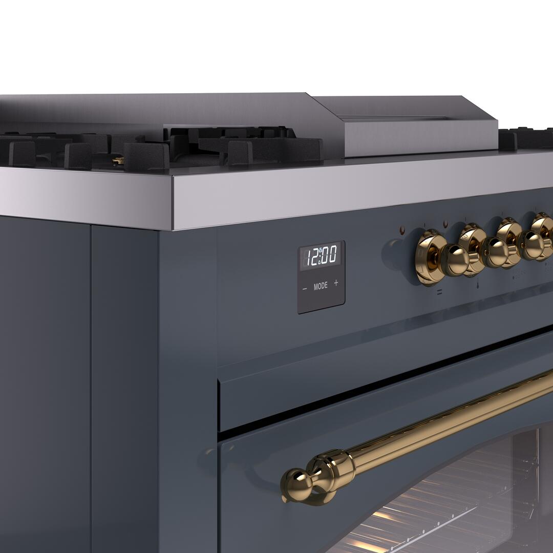 Ilve UP60FSNMPBGG Nostalgie Ii 60 Inch Dual Fuel Natural Gas Freestanding Range In Blue Grey With Brass Trim