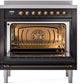 Ilve UPI366NMPBKB Nostalgie Ii 36 Inch Electric Freestanding Range In Glossy Black With Bronze Trim