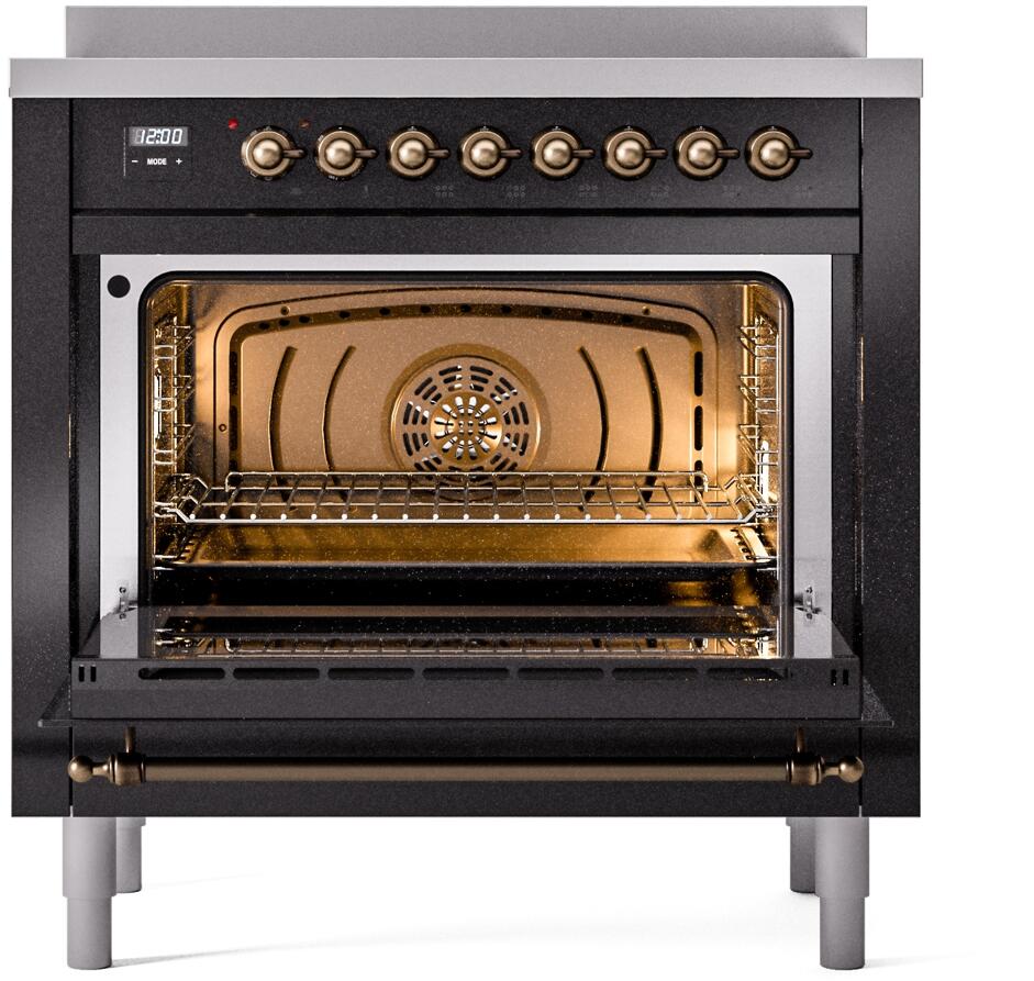 Ilve UPI366NMPBKB Nostalgie Ii 36 Inch Electric Freestanding Range In Glossy Black With Bronze Trim