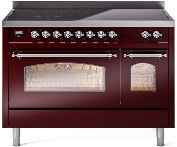 Ilve UPI486NMPBUC Nostalgie Ii 48 Inch Electric Freestanding Range In Burgundy With Chrome Trim