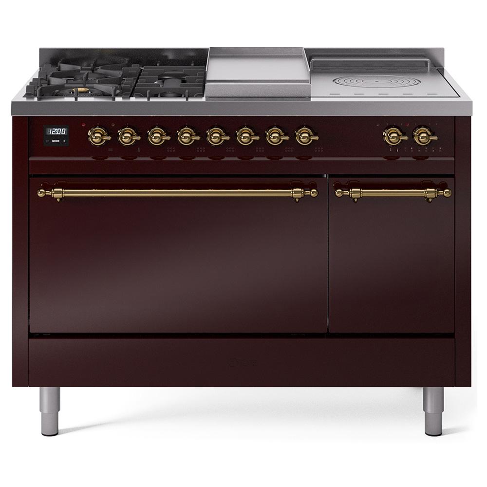 Ilve UP48FSQNMPBUG Ilve Nostalgie Ii 48 Up48Fsqnmpbug Freestanding Dual Fuel Range With 5 Sealed Burners And French Top Double Oven With Solid Door In Burgundy With Brass Knobs