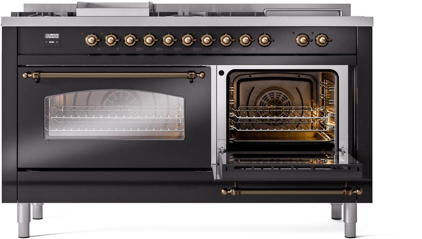 Ilve UP60FSNMPBKBLP Nostalgie Ii 60 Inch Dual Fuel Liquid Propane Freestanding Range In Glossy Black With Bronze Trim