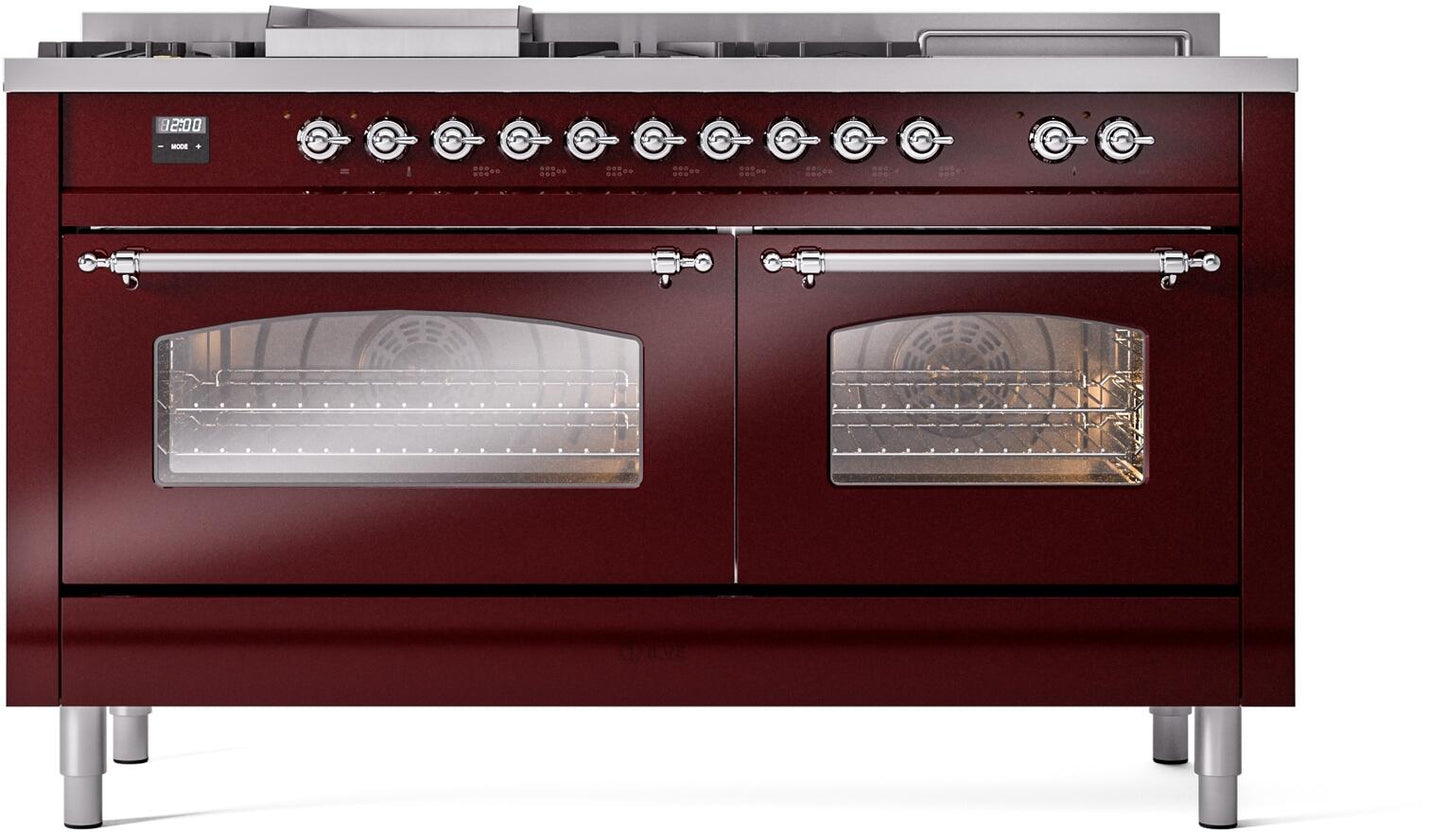 Ilve UP60FSNMPBUC Nostalgie Ii 60 Inch Dual Fuel Natural Gas Freestanding Range In Burgundy With Chrome Trim