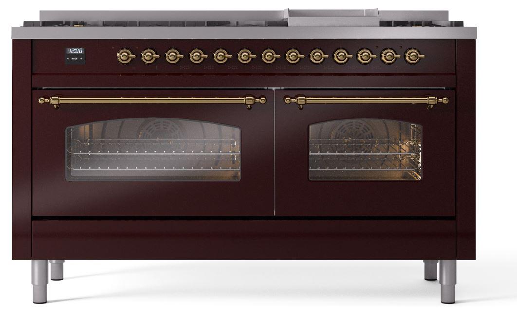 Ilve UP60FNMPBUGLP Nostalgie Ii 60 Inch Dual Fuel Liquid Propane Freestanding Range In Burgundy With Brass Trim