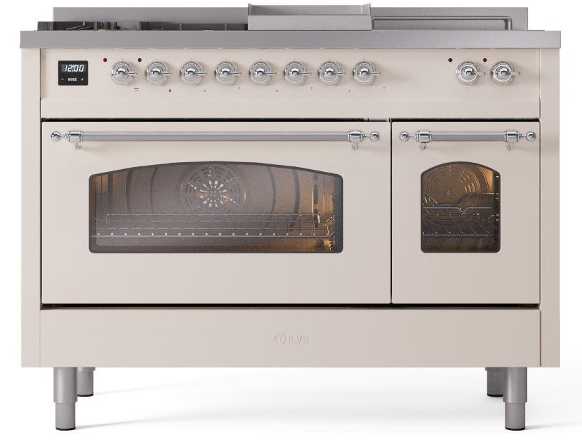 Ilve UP48FSNMPAWC Nostalgie Ii 48 Inch Dual Fuel Natural Gas Freestanding Range In Antique White With Chrome Trim