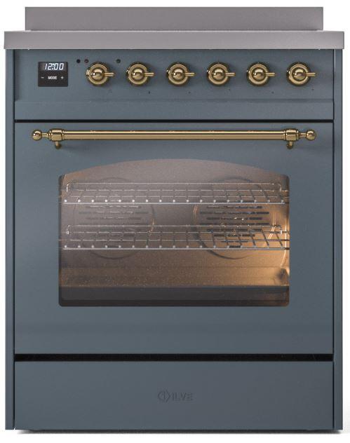 Ilve UPI304NMPBGG Nostalgie Ii 30 Inch Electric Freestanding Range In Blue Grey With Brass Trim