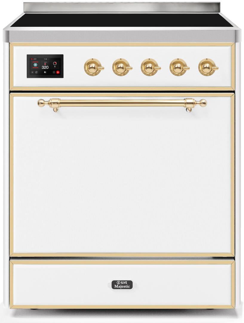 Ilve UMI30QNE3WHG Majestic Ii 30 Inch Electric Freestanding Range In White With Brass Trim