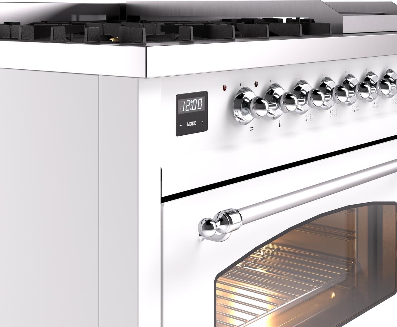 Ilve UP48FNMPWHC Nostalgie Ii 48 Inch Dual Fuel Natural Gas Freestanding Range In White With Chrome Trim