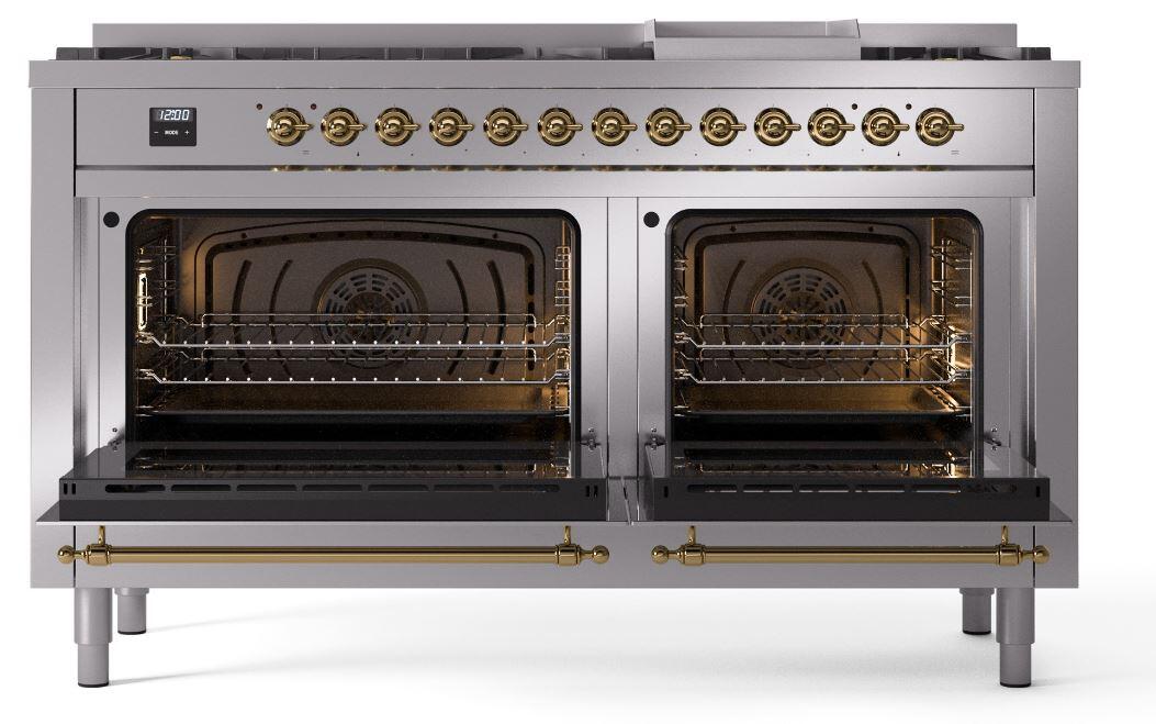 Ilve UP60FNMPSSG Nostalgie Ii 60 Inch Dual Fuel Natural Gas Freestanding Range In Stainless Steel With Brass Trim