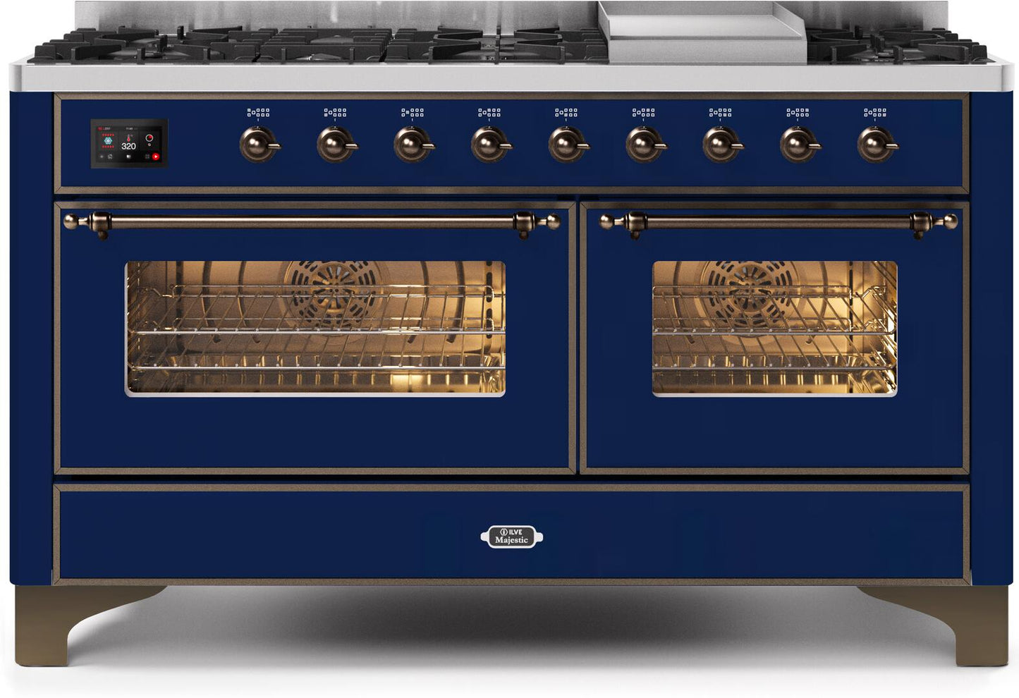 Ilve UM15FDNS3MBBLP Majestic Ii 60 Inch Dual Fuel Liquid Propane Freestanding Range In Blue With Bronze Trim