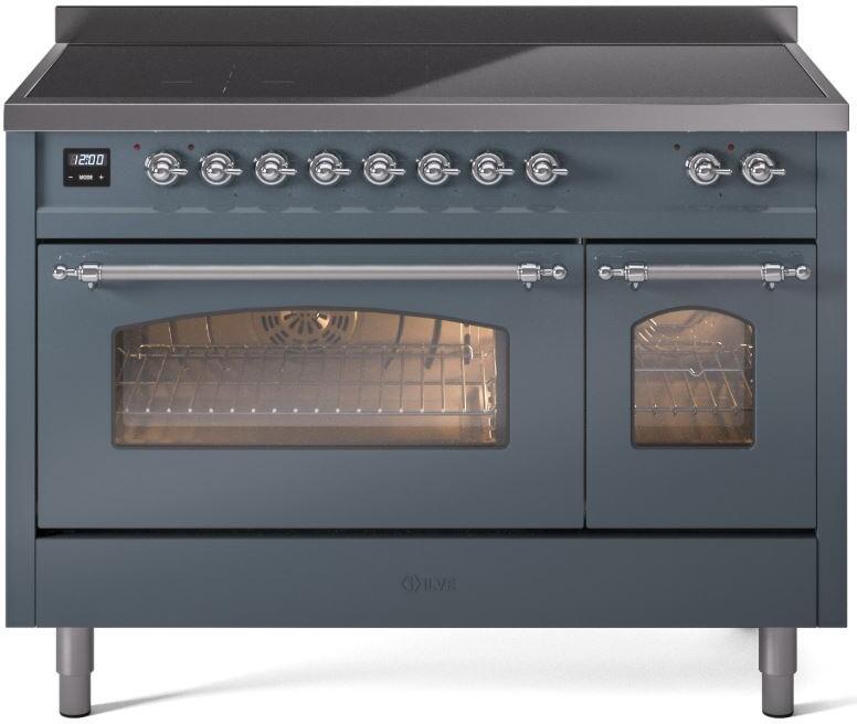 Ilve UPI486NMPBGC Nostalgie Ii 48 Inch Electric Freestanding Range In Blue Grey With Chrome Trim