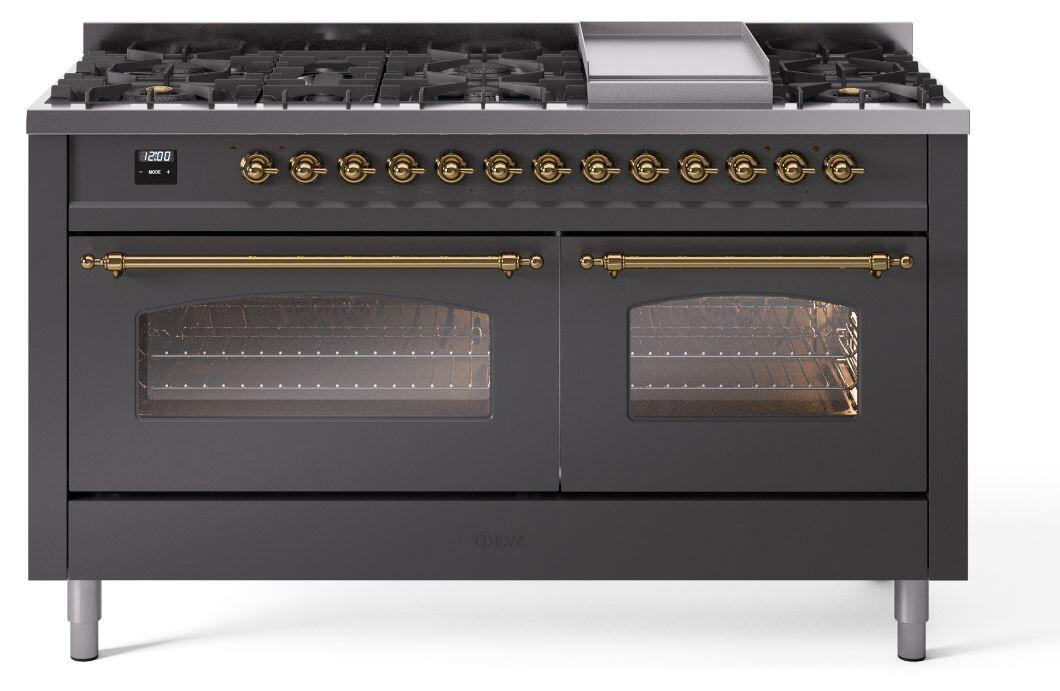 Ilve UP60FNMPMGG Nostalgie Ii 60 Inch Dual Fuel Natural Gas Freestanding Range In Matte Graphite With Brass Trim