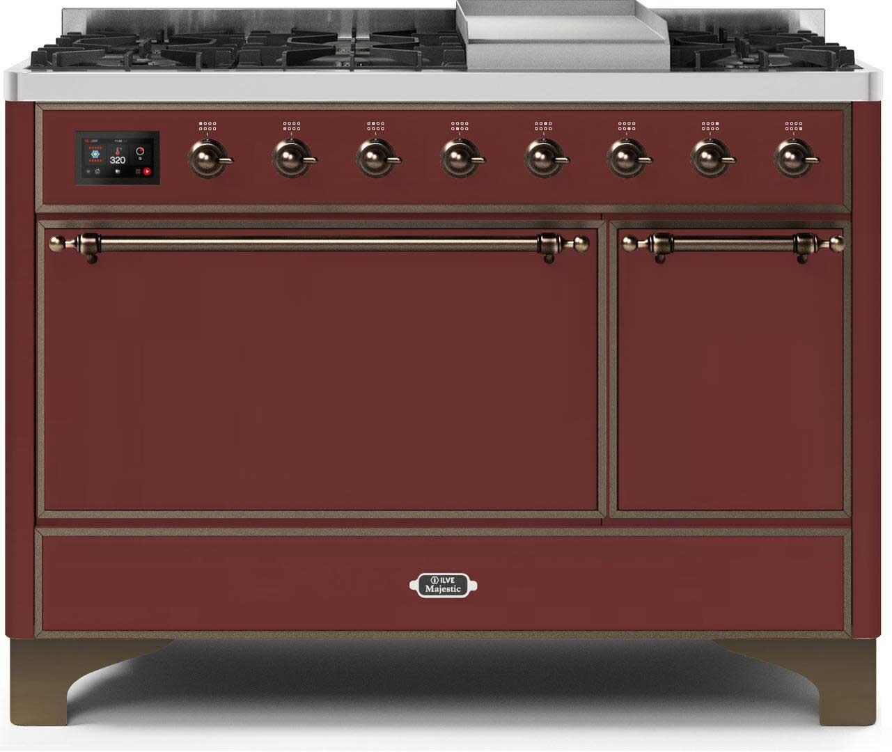 Ilve UM12FDQNS3BUB Majestic Ii 48 Inch Dual Fuel Natural Gas Freestanding Range In Burgundy With Bronze Trim