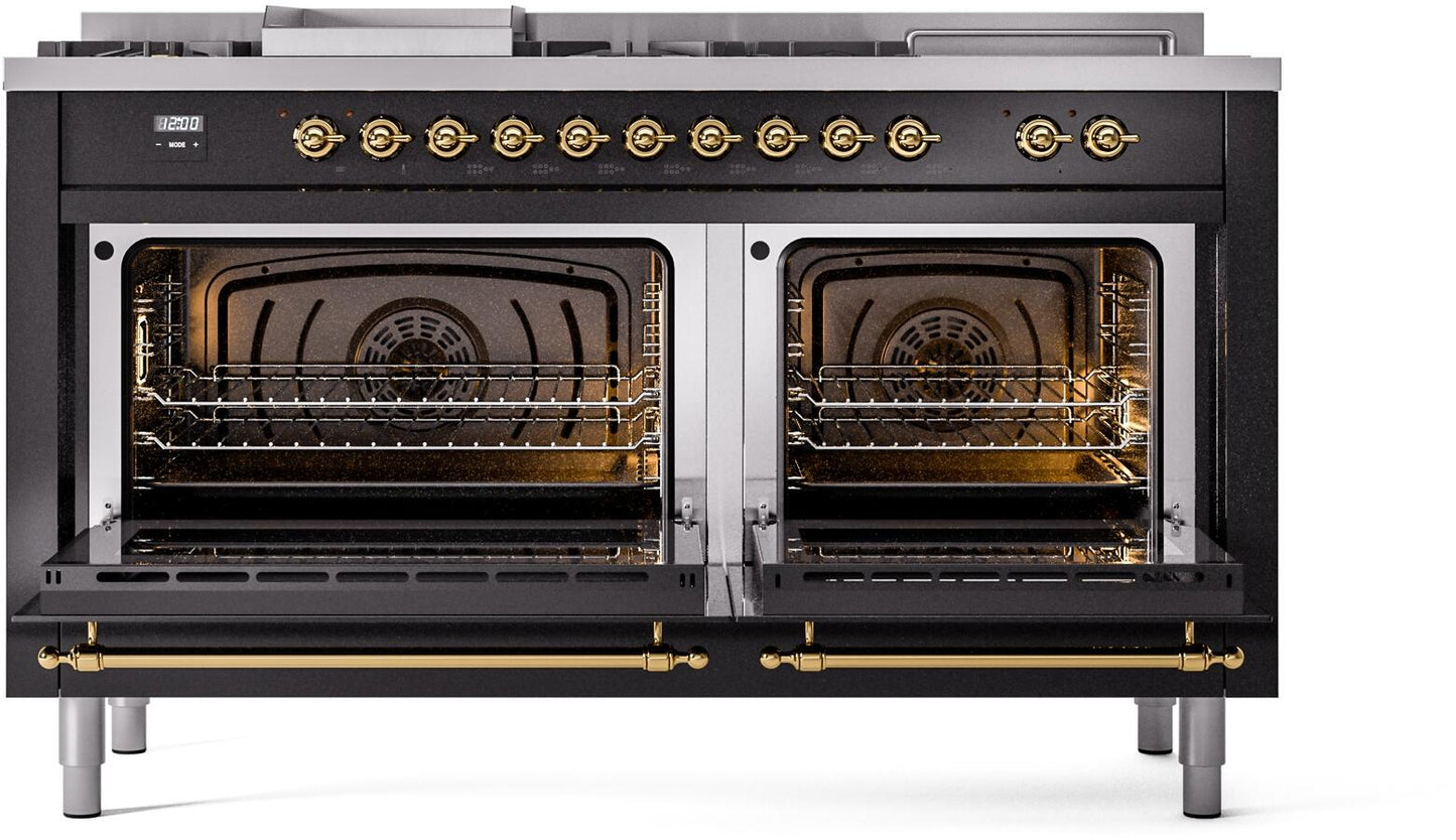 Ilve UP60FSNMPBKGLP Nostalgie Ii 60 Inch Dual Fuel Liquid Propane Freestanding Range In Glossy Black With Brass Trim