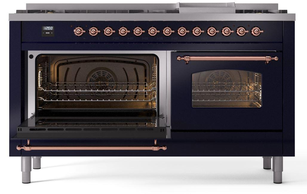 Ilve UP60FNMPMBPLP Nostalgie Ii 60 Inch Dual Fuel Liquid Propane Freestanding Range In Blue With Copper Trim