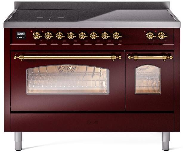 Ilve UPI486NMPBUG Nostalgie Ii 48 Inch Electric Freestanding Range In Burgundy With Brass Trim