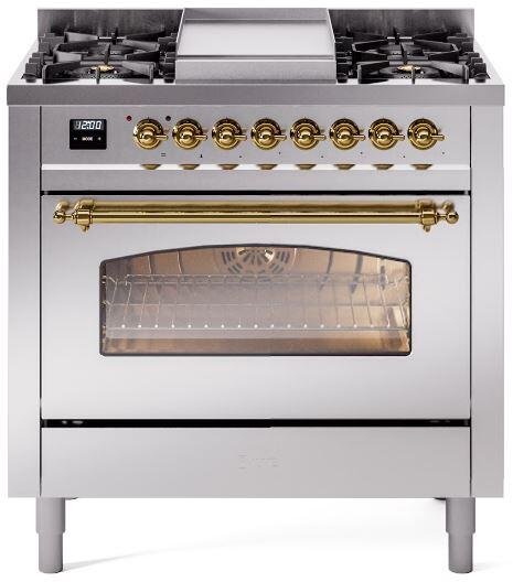 Ilve UP36FNMPSSG Nostalgie Ii 36 Inch Dual Fuel Natural Gas Freestanding Range In Stainless Steel With Brass Trim