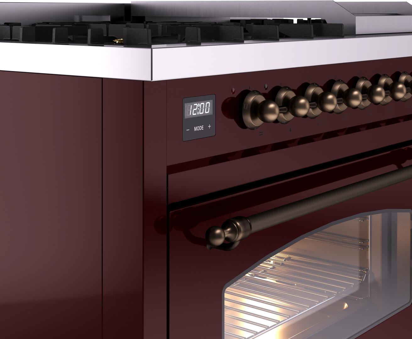 Ilve UP48FNMPBUBLP Nostalgie Ii 48 Inch Dual Fuel Liquid Propane Freestanding Range In Burgundy With Bronze Trim