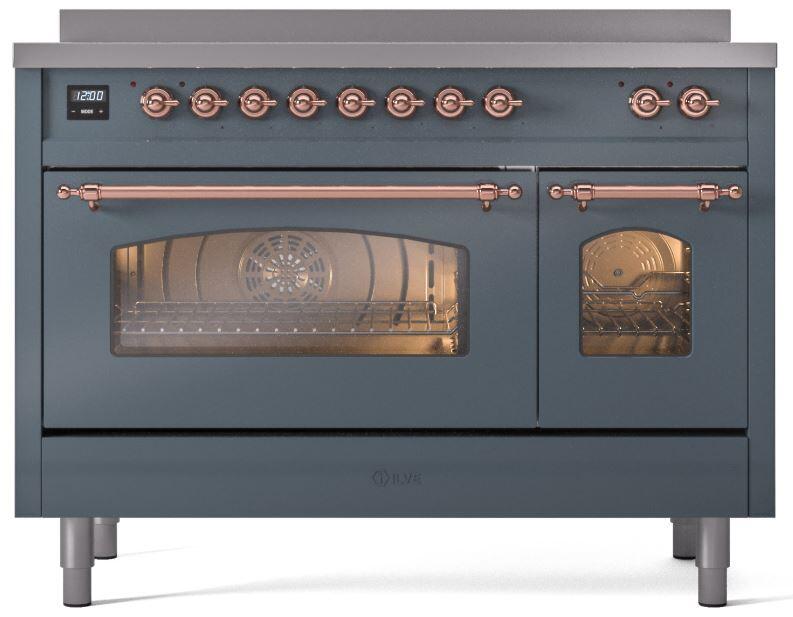 Ilve UPI486NMPBGP Nostalgie Ii 48 Inch Electric Freestanding Range In Blue Grey With Copper Trim