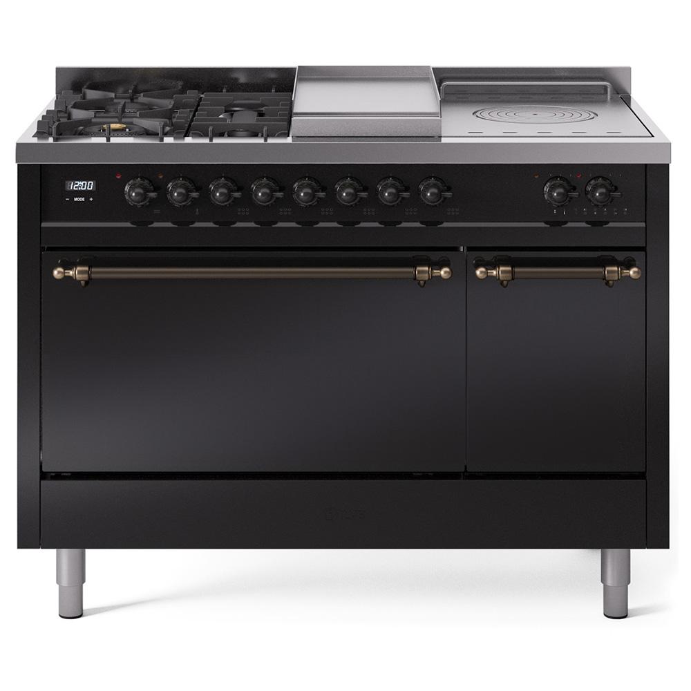 Ilve UP48FSQNMPBKB Ilve Nostalgie Ii 48 Up48Fsqnmpbkb Freestanding Dual Fuel Range With 5 Sealed Burners And French Top Double Oven With Solid Door In Glossy Black With Bronze Knobs