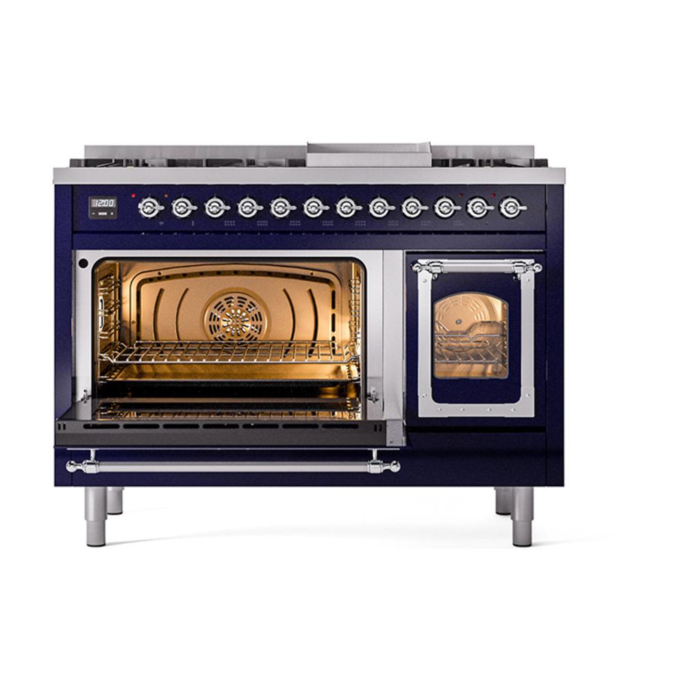 Ilve UN48FNMPMBCLP Ilve Un48Fnmpmbclp Nostalgie Ii Noblesse 48" Dual Fuel Range (8 Sealed Burners + Griddle, Liquid Propane, Triple Glass Door, Midnight Blue, Chrome)