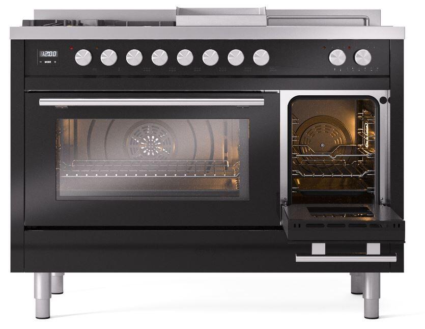 Ilve UP48FSWMPBK Professional Plus Ii 48 Inch Dual Fuel Natural Gas Freestanding Range In Glossy Black With Trim