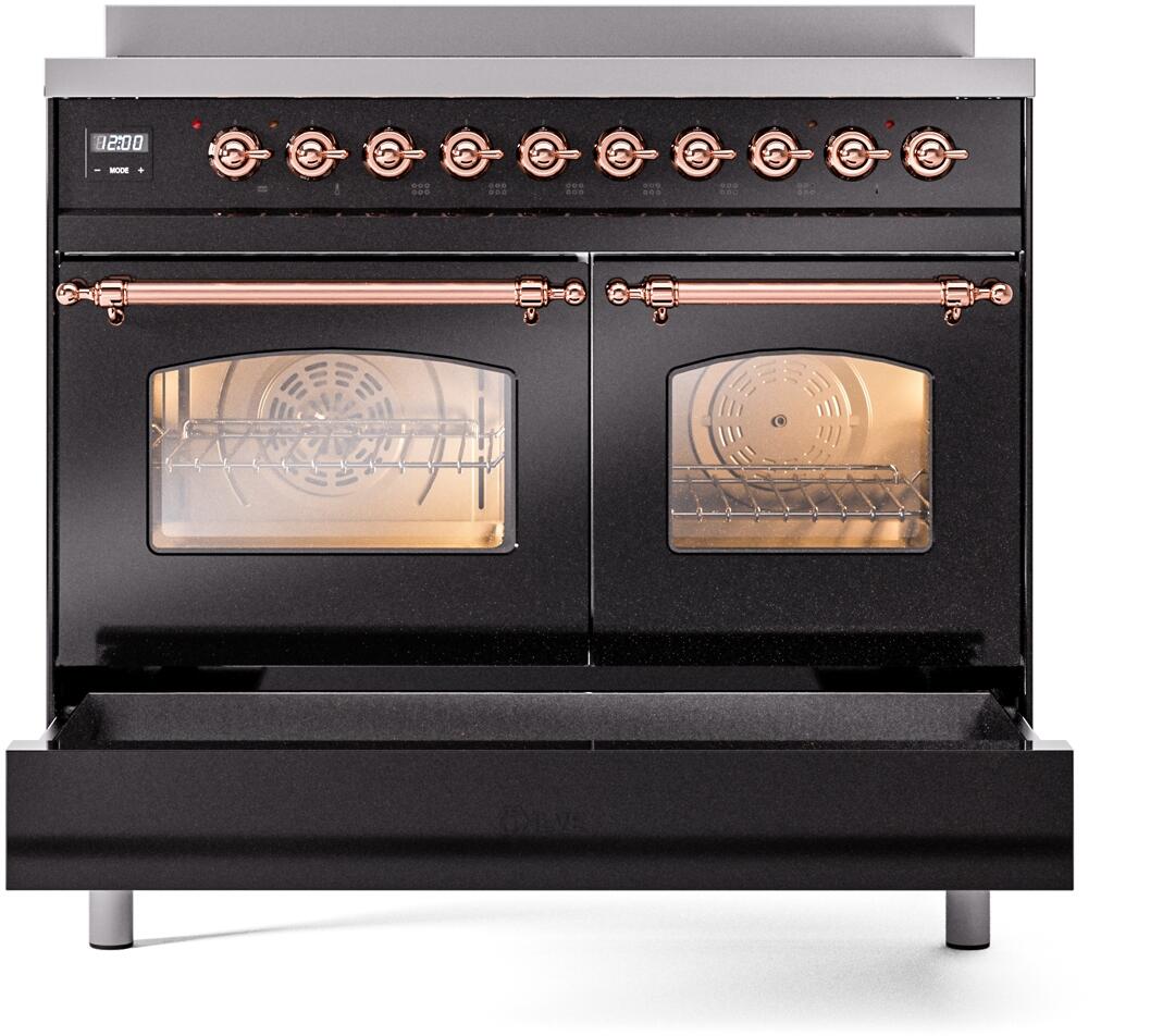 Ilve UPDI406NMPBKP Nostalgie Ii 40 Inch Electric Freestanding Range In Glossy Black With Copper Trim