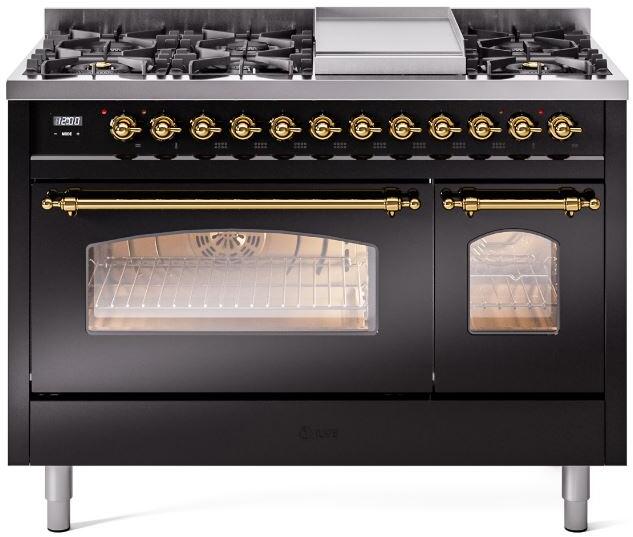 Ilve UP48FNMPBKG Nostalgie Ii 48 Inch Dual Fuel Natural Gas Freestanding Range In Glossy Black With Brass Trim