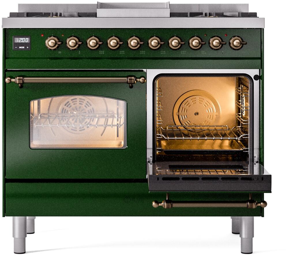 Ilve UPD40FNMPEGB Nostalgie Ii 40 Inch Dual Fuel Natural Gas Freestanding Range In Emerald Green With Bronze Trim