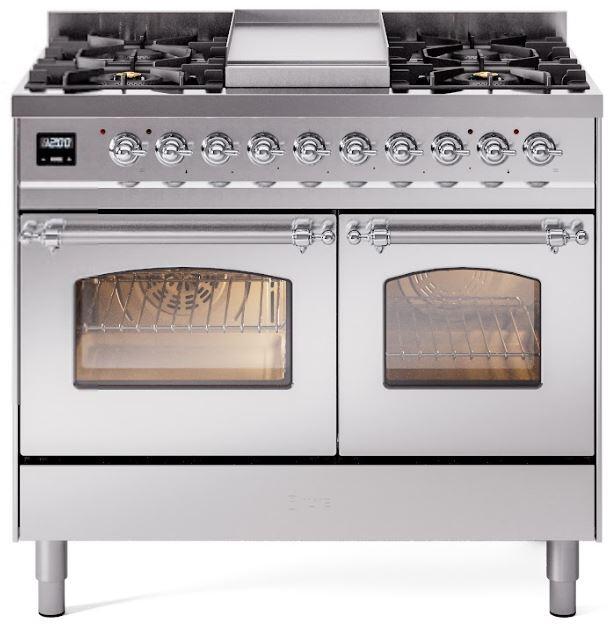 Ilve UPD40FNMPSSC Nostalgie Ii 40 Inch Dual Fuel Natural Gas Freestanding Range In Stainless Steel With Chrome Trim