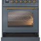 Ilve UPI304NMPBGG Nostalgie Ii 30 Inch Electric Freestanding Range In Blue Grey With Brass Trim